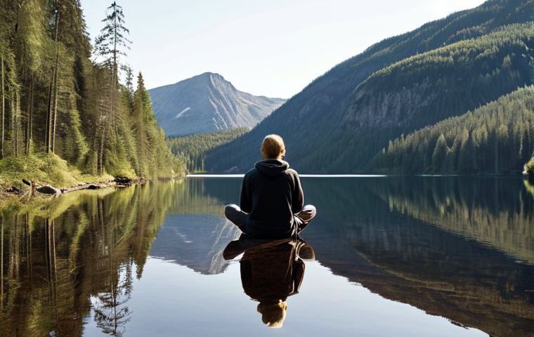 **A person sitting by a calm lake, reflecting on their thoughts and feelings. Soft, natural lighting.** (Based on the "Självreflektion: En spegel till ditt inre" section).