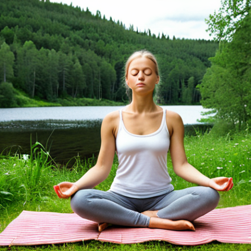 **Image Prompt:** A serene person meditating outdoors in a Swedish landscape, surrounded by lush greenery and peaceful nature, symbolizing mindfulness and self-awareness. The scene should evoke a sense of calm and inner peace.