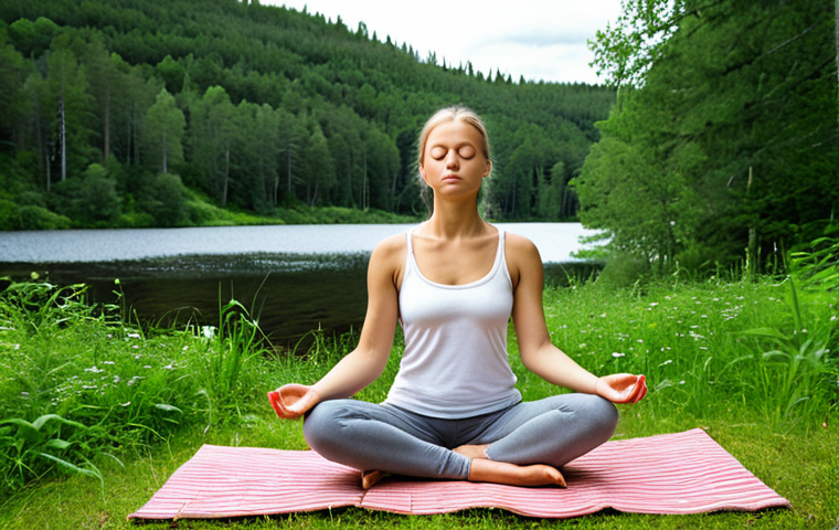 **Image Prompt:** A serene person meditating outdoors in a Swedish landscape, surrounded by lush greenery and peaceful nature, symbolizing mindfulness and self-awareness. The scene should evoke a sense of calm and inner peace.